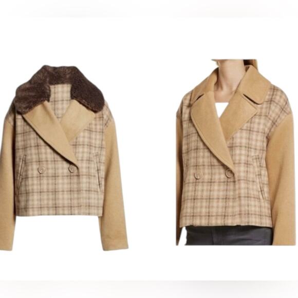 Rachel Parcell Double Breasted Jacket Faux Sherpa Fur Collar Plaid - Picture 4 of 10